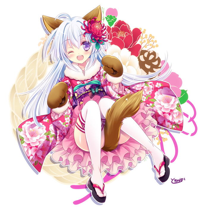 1girl ;d ahoge alternate_costume animal_ears blue_hair floral_print flower full_body furisode hair_flower hair_ornament japanese_clothes kimono long_hair looking_at_viewer nonno official_art one_eye_closed open_mouth paw_mittens smile solo tail tail_censor thigh-highs tokinon violet_eyes white_legwear x-overd