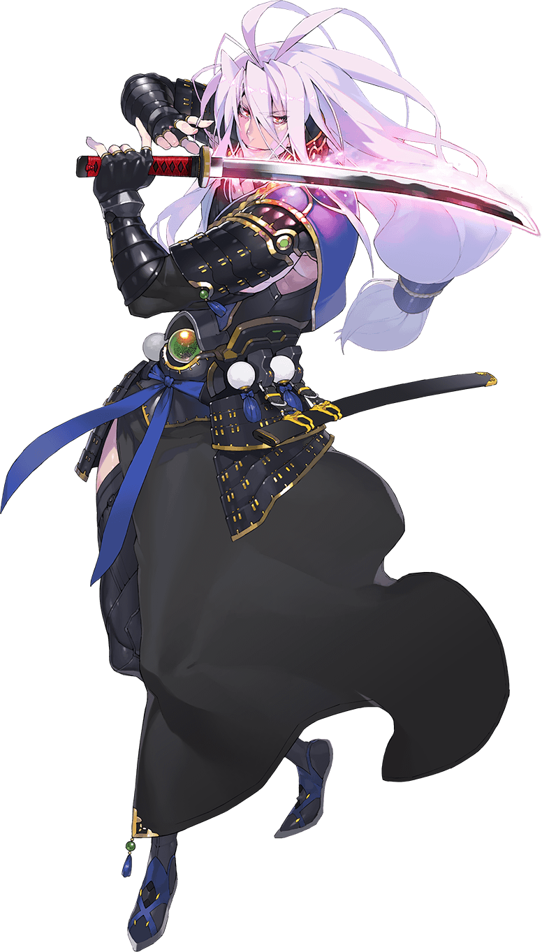 1boy antenna_hair armor glowing glowing_sword glowing_weapon highres japanese_armor japanese_clothes katana kiwame_(touken_ranbu) kote lavender_hair long_hair low-tied_long_hair male_focus namaniku_atk official_art red_eyes sengo_muramasa_(touken_ranbu) sheath side_slit smile sode sword touken_ranbu transparent_background weapon