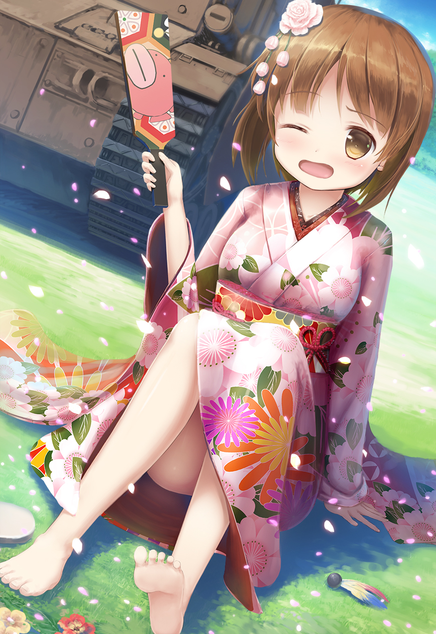 1girl barefoot blush brown_eyes brown_hair day eyebrows_visible_through_hair girls_und_panzer ground_vehicle hagoita happy_new_year highres japanese_clothes kimono looking_at_viewer military military_vehicle motor_vehicle new_year nishizumi_miho one_eye_closed open_mouth outdoors paddle psyche3313 short_hair sitting smile solo tank