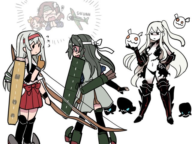 &gt;_&lt; 5girls aircraft aircraft_carrier_hime airplane armor armored_boots black_panties boots bow_(weapon) chiyoda_(kantai_collection) commentary_request elbow_gloves enemy_aircraft_(kantai_collection) flight_deck flying_sweatdrops from_behind gloves grey_hair hairband hakama_skirt hand_on_hip kagerou_(kantai_collection) kantai_collection long_hair multiple_girls muneate navel o_o panties partly_fingerless_gloves quiver shinkaisei-kan shoukaku_(kantai_collection) side_ponytail simple_background skirt standing terrajin thigh-highs torn_clothes underwear weapon white_background white_hair white_skirt yugake zuikaku_(kantai_collection)