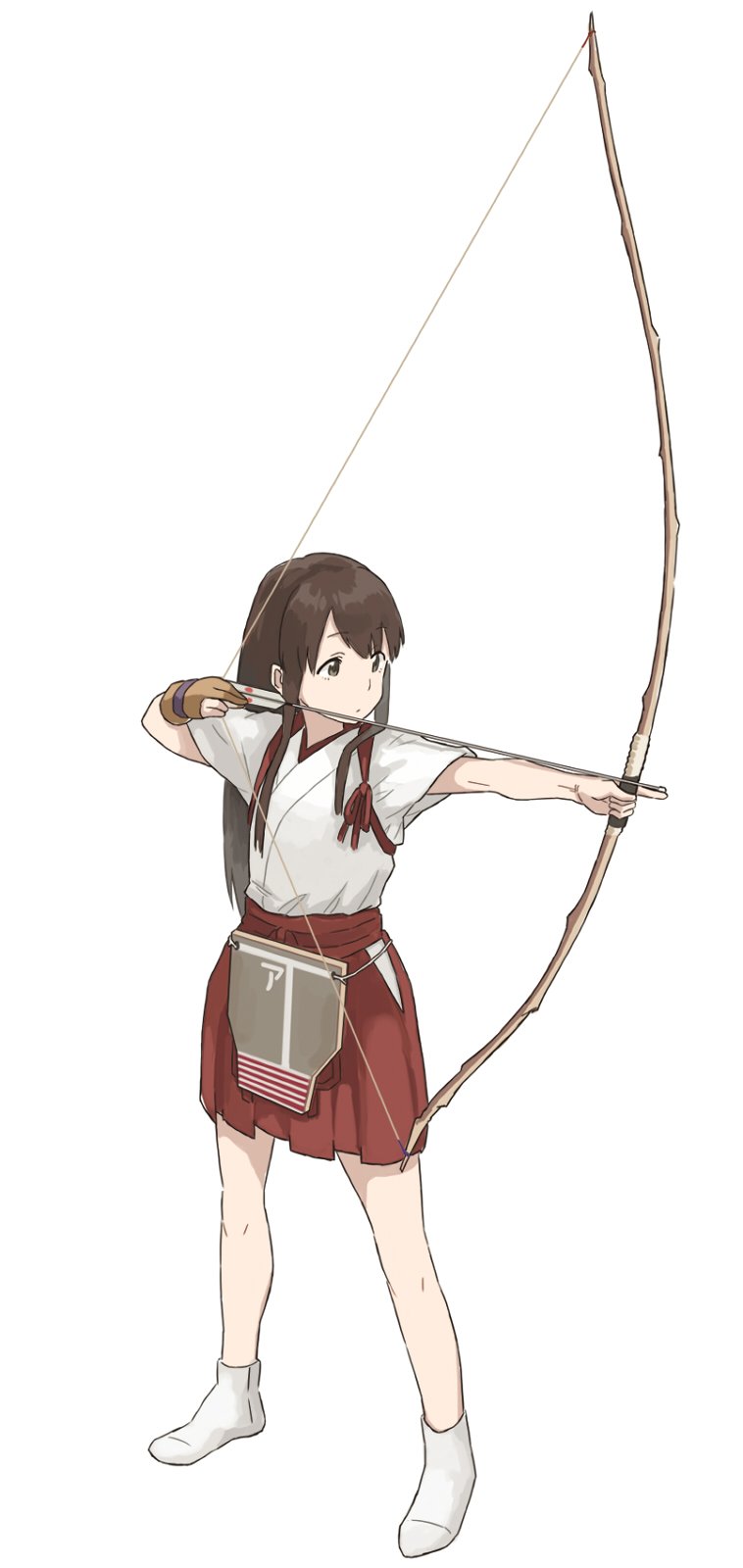 1girl aiming akagi_(kantai_collection) arrow bangs bow_(weapon) brown_eyes brown_hair closed_mouth eyebrows_visible_through_hair full_body gloves hakama highres hip_vent holding holding_bow_(weapon) holding_weapon japanese_clothes kantai_collection kimono legs_apart long_hair matsutani no_shoes outstretched_arm partly_fingerless_gloves red_hakama redhead simple_background single_glove socks solo standing tasuki weapon white_background white_kimono white_legwear yugake