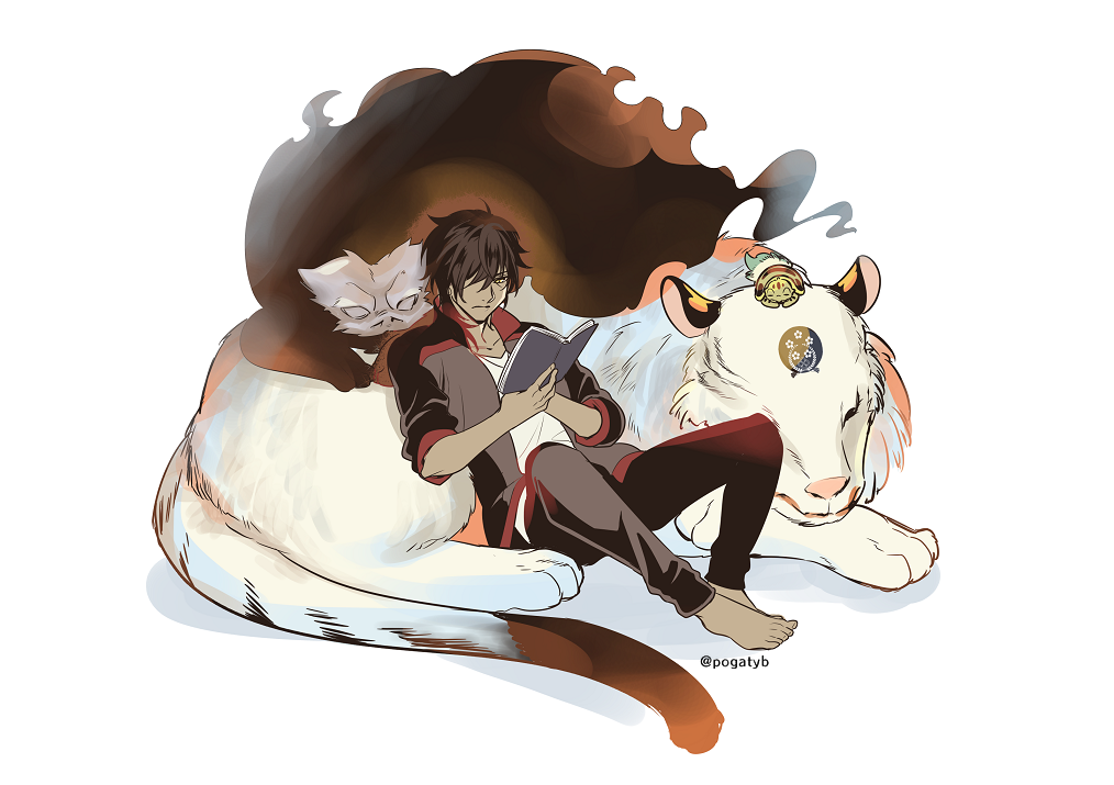 1boy animal brown_hair dark_skin dark_skinned_male gokotai's_tigers hair_over_one_eye jacket kamekichi male_focus nue ookurikara open_clothes open_jacket pogatyb reading shirt shishiou_no_mofumofu simple_background sitting sleeping t-shirt tattoo tiger touken_ranbu turtle twitter_username white_background white_tiger yellow_eyes