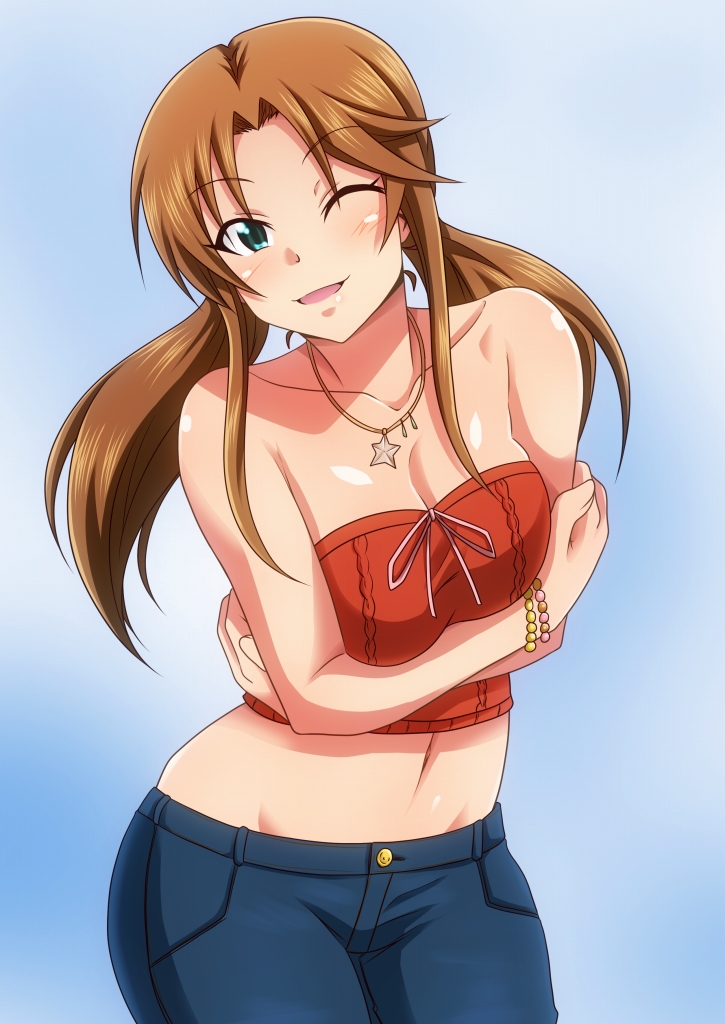 1girl ;d aqua_eyes bangs bare_arms bare_shoulders blue_background blush bracelet breasts brown_hair buttons casual cleavage collarbone cowboy_shot denim eyebrows_visible_through_hair gradient gradient_background head_tilt idolmaster idolmaster_cinderella_girls jeans jewelry long_hair looking_at_viewer low_twintails matsumoto_sarina medium_breasts navel necklace one_eye_closed open_mouth pants parted_bangs pearl_bracelet pendant pink_ribbon ribbon self_hug sidelocks smile solo standing star_necklace stomach strapless tanuki_(metaltanuki) tubetop twintails