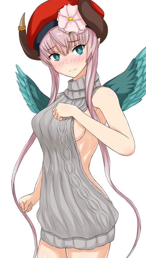 1girl backless_outfit bangs bare_arms bare_shoulders blue_eyes blush breasts bright_pupils closed_mouth cowboy_shot dress eyebrows_visible_through_hair feathered_wings flower frown green_wings grey_sweater hand_up hat hat_flower horns la_hawzel linfa_lm looking_at_viewer medium_breasts nose_blush pink_flower pink_hair pointy_ears rance_(series) red_hat ribbed_sweater short_hair_with_long_locks sideboob sidelocks simple_background sleeveless sleeveless_turtleneck solo standing sweater sweater_dress turtleneck turtleneck_sweater white_background wings