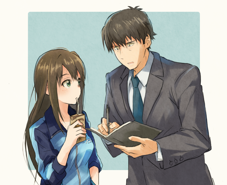 1boy 1girl black_hair book brown_hair business_suit drinking drinking_straw formal green_eyes holding holding_book idolmaster idolmaster_cinderella_girls long_hair long_sleeves looking_at_another marimo_(momiage) necktie producer_(idolmaster_cinderella_girls_anime) shibuya_rin suit writing