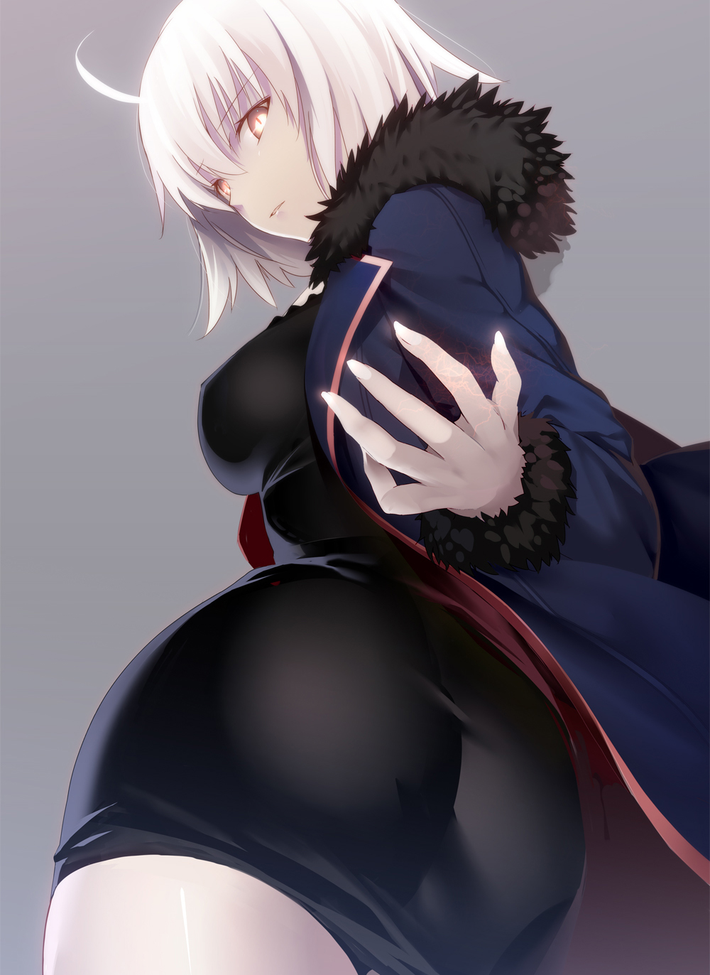 1girl ahoge ass bangs black_dress blue_jacket breasts commentary_request cowboy_shot dress fate/grand_order fate_(series) from_behind fur_trim highres jacket jeanne_d'arc_(alter)_(fate) jeanne_d'arc_(fate)_(all) long_sleeves looking_at_viewer looking_back machimura_komori medium_breasts open_clothes open_jacket pale_skin revision short_dress short_hair solo white_hair wicked_dragon_witch_ver._shinjuku_1999 yellow_eyes