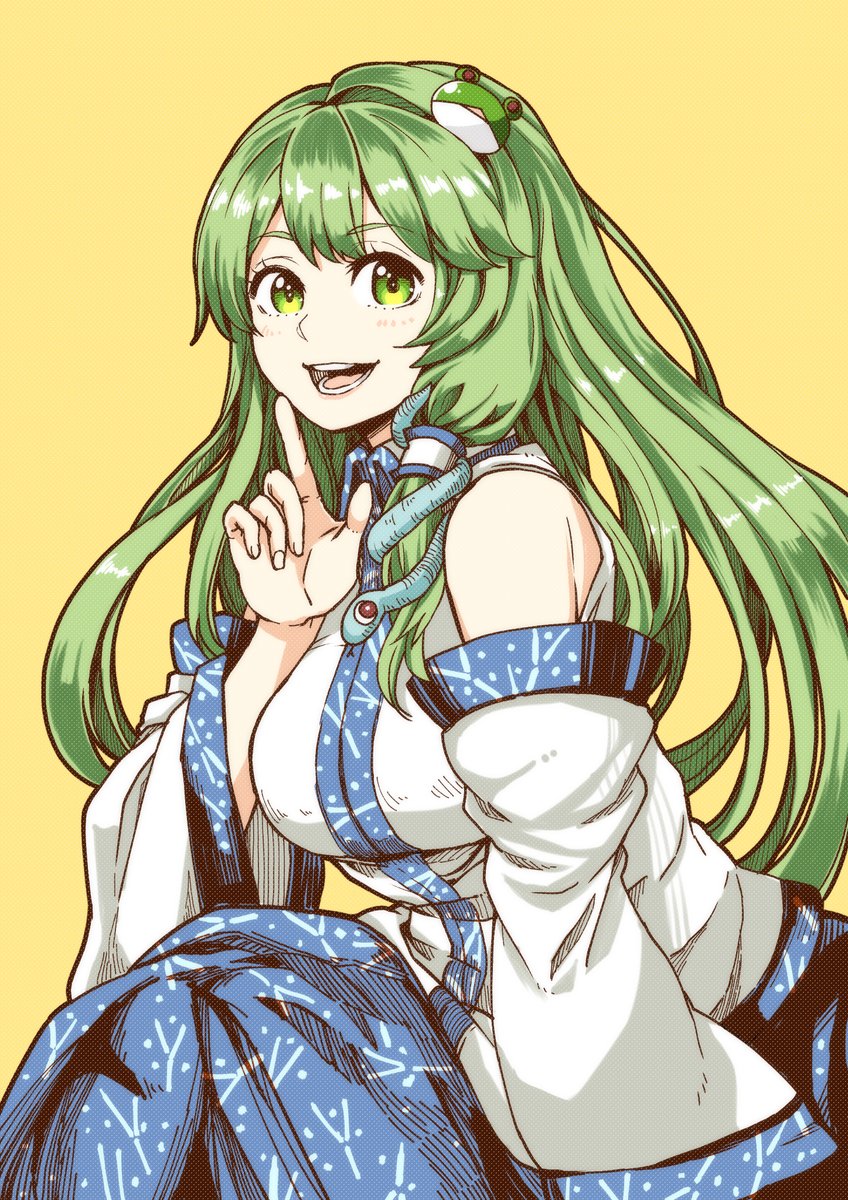 1girl blush breasts detached_sleeves frog green_eyes green_hair hair_accessories kochiya_sanae long_hair miko natsushiro nontraditional_miko open_mouth skirt smile snake teeth tongue touhou