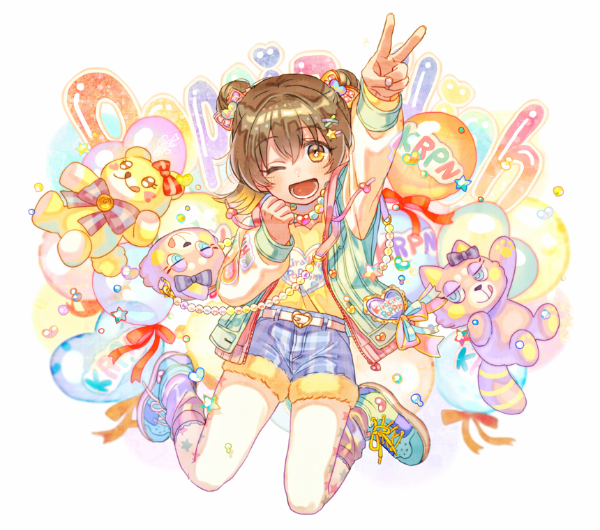 1girl akagi_miria animal_bag arm_up bag balloon belt belt_buckle black_hair blush bow brown_eyes buckle commentary double_bun drawstring fur_trim hair_bow hair_ornament hairclip heart heart_balloon idolmaster idolmaster_cinderella_girls idolmaster_cinderella_girls_starlight_stage jacket jewelry loose_socks maple_(cyakapon) necklace one_eye_closed open_clothes open_jacket open_mouth pantyhose plaid plaid_shorts red_ribbon ribbon shoes short_hair short_shorts shorts shoulder_bag smile sneakers socks solo star star_hair_ornament star_print stuffed_animal stuffed_tanuki stuffed_toy teddy_bear v white_legwear