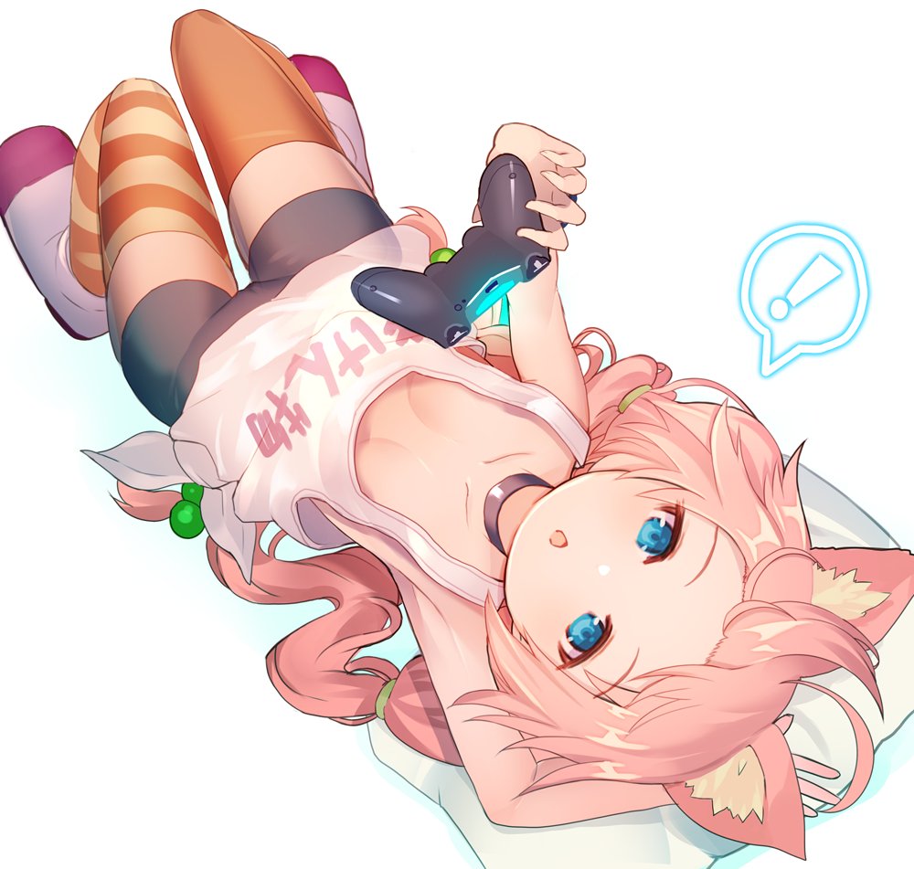 ! 1girl ahoge animal_ears arm_behind_head arm_up armpits bike_shorts blue_eyes boots breasts cat_ears choker clothes_writing controller downblouse game_controller hair_bobbles hair_ornament hinata_channel long_hair low_twintails lying mismatched_legwear nekomiya_hinata on_back open_mouth orange_legwear pillow pink_hair playstation_controller rk_(rktorinegi) shorts simple_background small_breasts solo spoken_exclamation_mark striped striped_legwear thigh-highs twintails vest virtual_youtuber white_background white_footwear white_vest