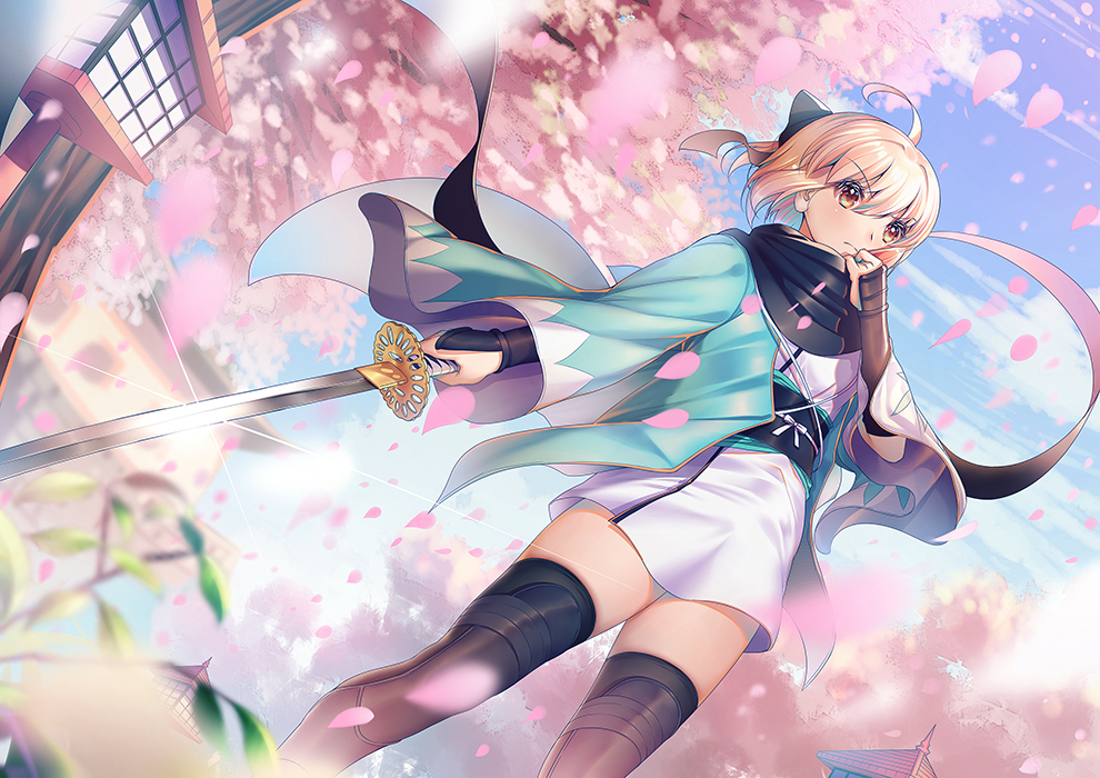 &gt;:( 1girl ahoge arm_guards bangs black_bow black_legwear black_scarf blonde_hair blue_sky blurry blurry_foreground bow cherry_blossoms closed_mouth clouds day depth_of_field dutch_angle eyebrows_visible_through_hair fate_(series) feet_out_of_frame glint hair_between_eyes hair_bow holding holding_sword holding_weapon japanese_clothes katana kimono koha-ace lantern legs_apart long_sleeves obi okita_souji_(fate) open_clothes orange_eyes outdoors petals ponytail sash scarf serious shiny shiny_hair short_hair sky solo spring_(season) standing sword thigh-highs weapon white_kimono wide_sleeves xiaosan_ye zettai_ryouiki