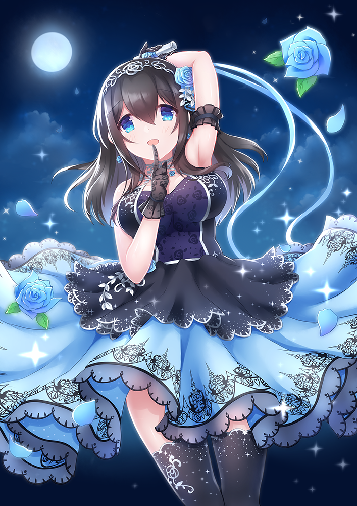 1girl :d arm_garter arm_up bangs black_gloves black_hair black_legwear black_shirt blue_flower blue_rose blue_skirt blush breasts clouds commentary_request dutch_angle eyebrows_visible_through_hair finger_to_mouth flower full_moon gloves hair_between_eyes holding holding_microphone idolmaster idolmaster_cinderella_girls lace lace_gloves large_breasts long_hair looking_away microphone moon night night_sky open_mouth outdoors rose sagisawa_fumika shirt skirt sky sleeveless sleeveless_shirt smile solo thigh-highs zinczinc_ka