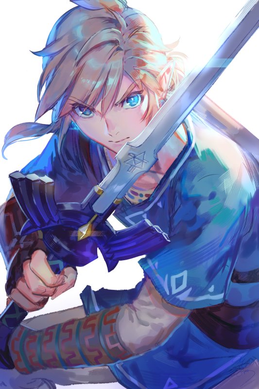 1boy azutarou blonde_hair blue_hair left-handed link long_hair looking_at_viewer male_focus master_sword pointy_ears short_hair simple_background solo the_legend_of_zelda the_legend_of_zelda:_breath_of_the_wild triforce