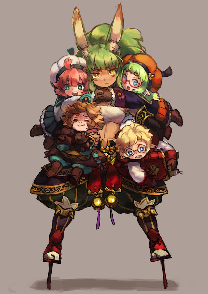 2boys 3girls animal_ears blonde_hair blue_eyes book boots carrying ezroseven flower gloves green_eyes green_hair hat herbalist_(sekaiju) long_hair masurao_(sekaiju) midriff multiple_boys multiple_girls navel open_mouth pink_hair pointy_ears rabbit_ears sekaiju_no_meikyuu sekaiju_no_meikyuu_5 short_hair smile twintails yellow_eyes