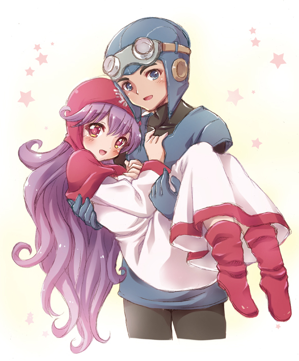 1boy 1girl blue_eyes breasts carrying commentary_request curly_hair dragon_quest dragon_quest_ii dress gloves goggles hat helmet hood kichijou_agata long_hair prince_of_lorasia princess_carry princess_of_moonbrook purple_hair short_hair smile white_dress white_robe