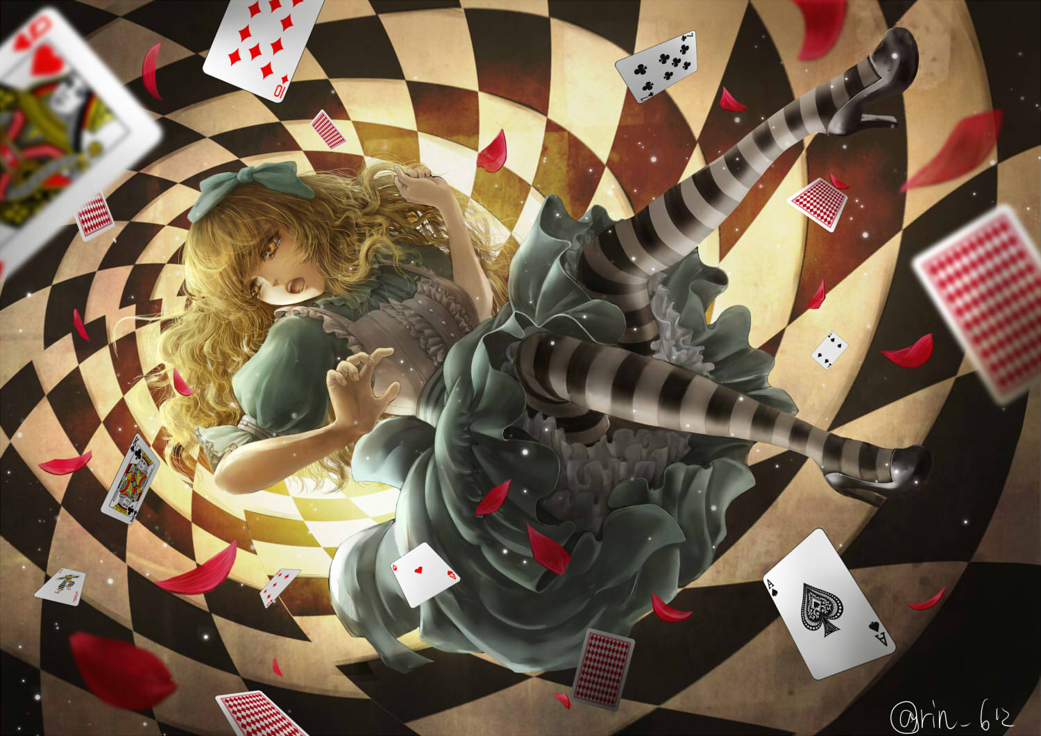 1girl :o alice_(wonderland) alice_in_wonderland aqua_dress aqua_ribbon bangs black_footwear blonde_hair blunt_bangs card checkered checkered_background commentary commentary_request dress falling full_body hair_ribbon high_heels knees_together_feet_apart long_hair orange_eyes pantyhose playing_card puffy_short_sleeves puffy_sleeves ribbon short_dress short_sleeves signature solo spiral_background striped striped_legwear wariko