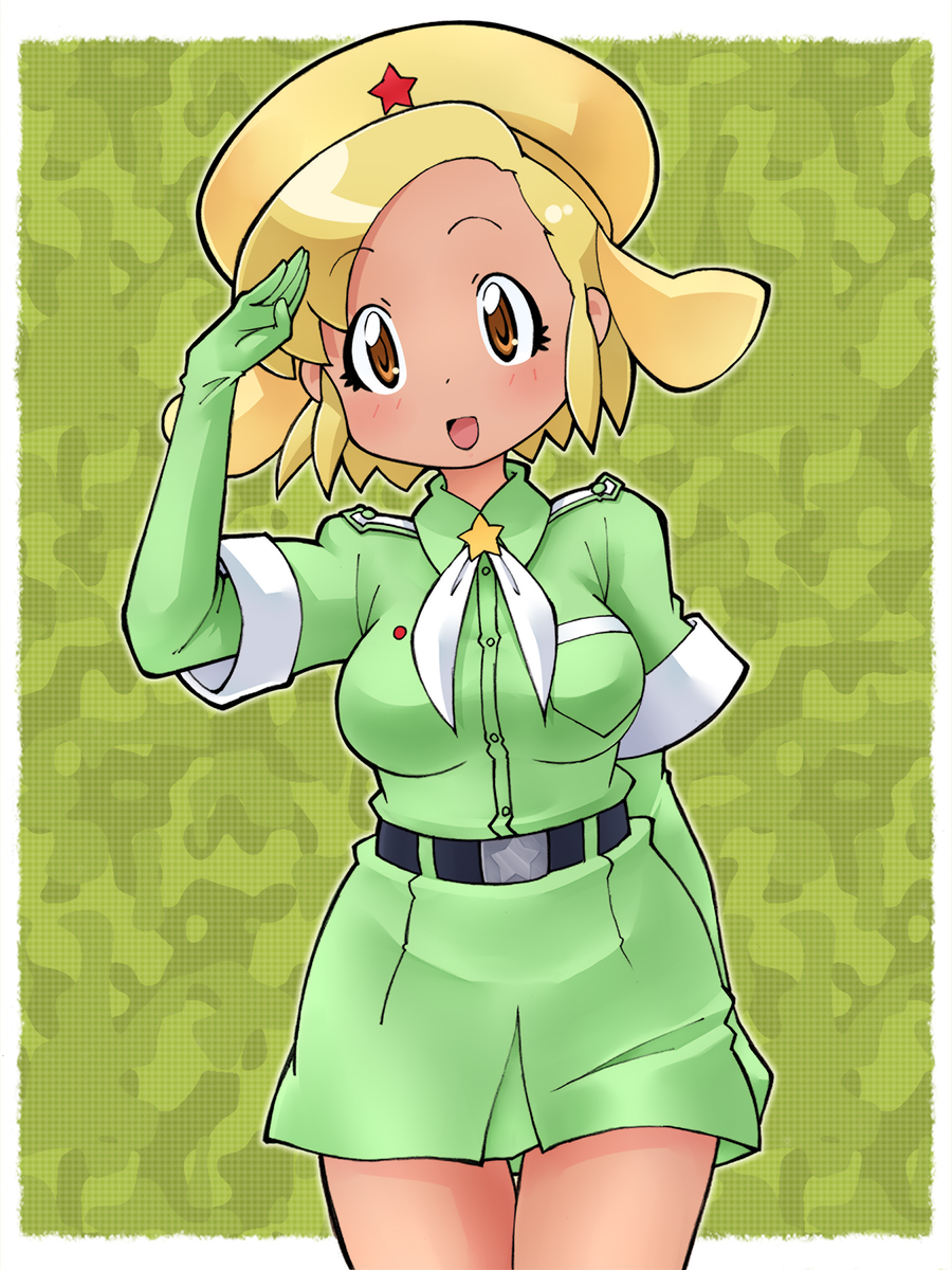 1girl angol_mois blonde_hair breasts commentary_request dark_skin gloves graphite_(medium) hakkatou hat highres keroro_gunsou open_mouth short_hair skirt smile solo traditional_media