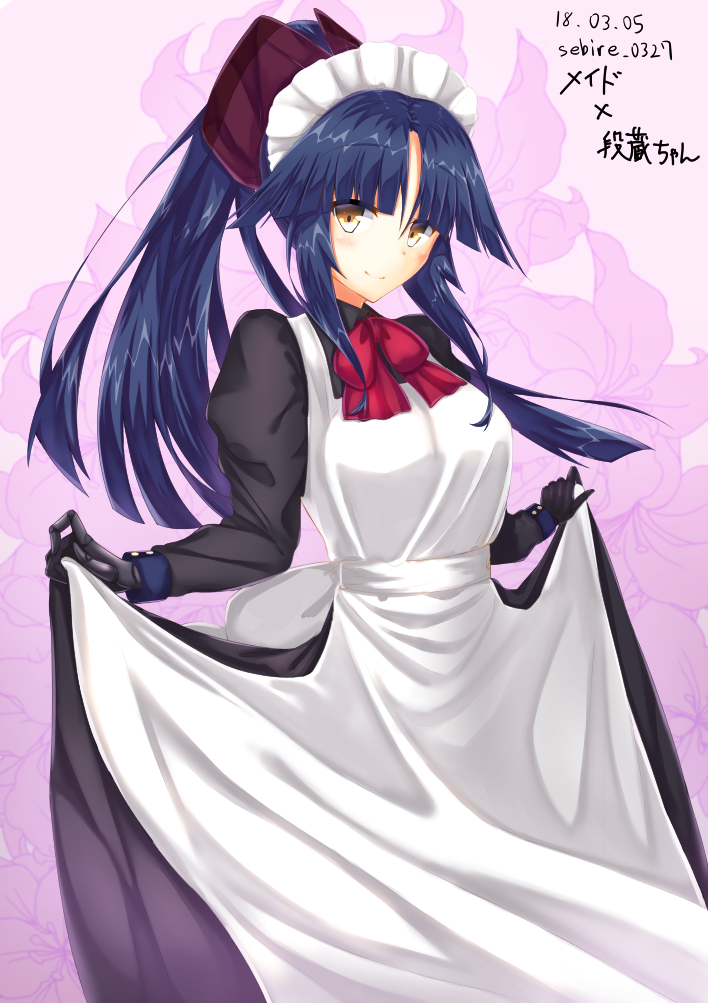 1girl alternate_costume apron apron_hold artist_name bangs black_dress black_gloves blue_hair blush breasts brown_hair closed_eyes collared_dress dated dress enmaided fate/grand_order fate_(series) floral_background gloves hair_ribbon high_ponytail juliet_sleeves katou_danzou_(fate/grand_order) long_hair long_sleeves looking_at_viewer maid medium_breasts neck_ribbon parted_bangs pink_background pink_neckwear pink_ribbon puffy_sleeves purple_ribbon ribbon sebire sidelocks skirt_hold smile solo standing translation_request very_long_hair white_apron