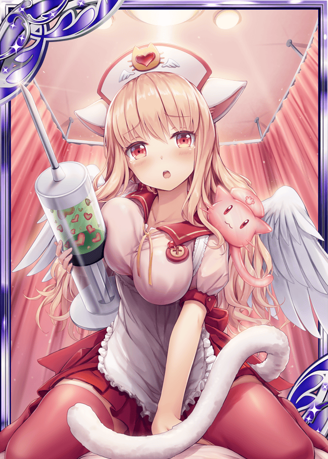1girl :3 :o akkijin angel_wings animal_ears bangs bare_shoulders bed between_legs blown_kiss blush border breasts card_(medium) cat_ears cat_tail catcine_(shinkai_no_valkyrie) crying crying_with_eyes_open curtains detached_sleeves dress feathers foreshortening full_body hand_between_legs hat heart indoors large_breasts large_syringe long_hair looking_at_viewer no_shoes nurse nurse_cap official_art on_bed open_mouth outstretched_arm oversized_object paw_print pink_hair red_eyes red_legwear shinkai_no_valkyrie short_dress sitting sleeves_past_wrists solo sparkle spread_legs striped striped_legwear syringe tail tears thigh-highs very_long_hair wariza wings zettai_ryouiki