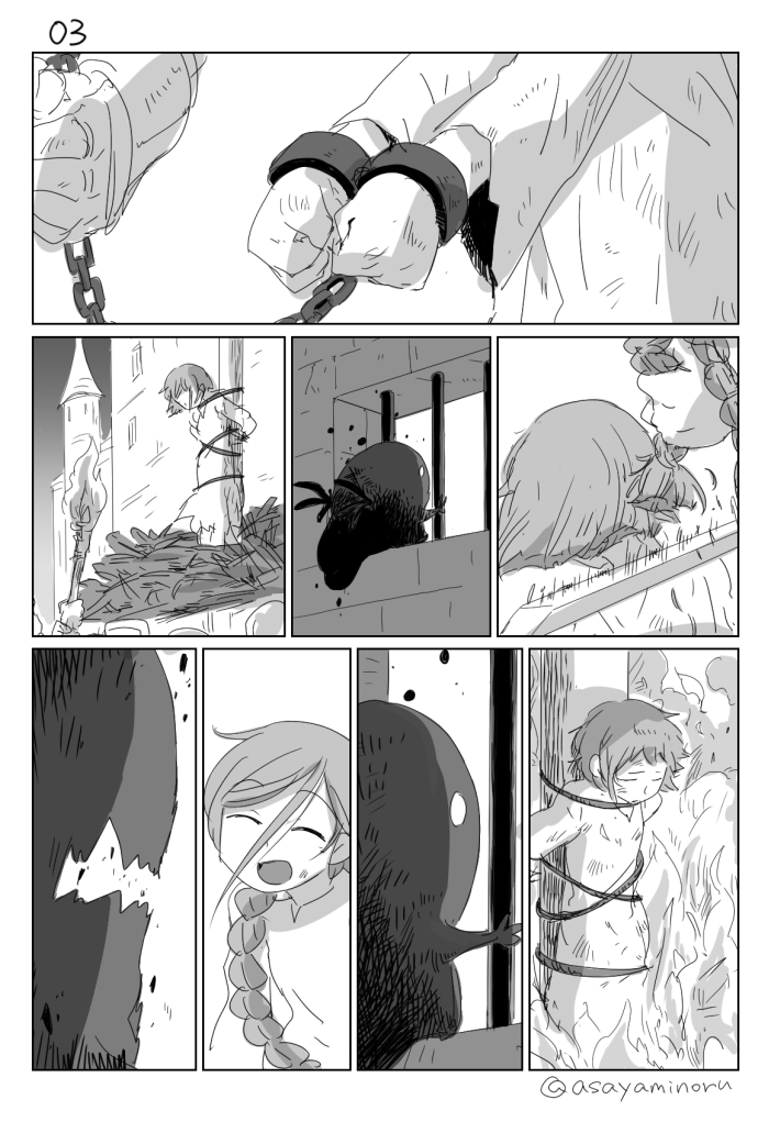 1girl 4koma asaya_minoru braid burning_at_the_stake chains comic creature cutting_hair fire greyscale in_cell long_hair majo_shuukai_de_aimashou monochrome original prison_cell silent_comic tied_to_stake