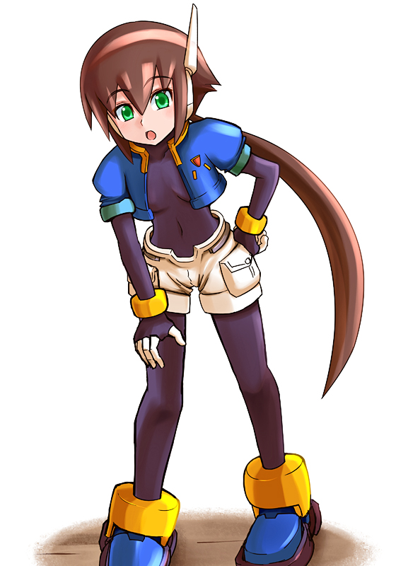 1girl aile bodystocking bodysuit breasts brown_hair cleavage commentary_request green_eyes hand_on_hip long_hair looking_at_viewer ni-jo robot_ears rockman rockman_zx rockman_zx_advent shorts skin_tight solo spandex