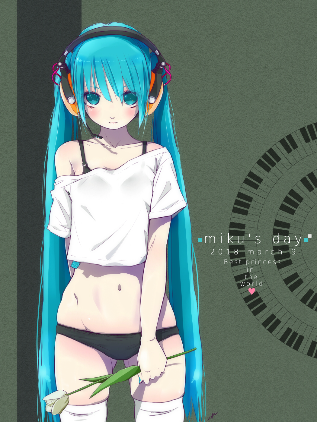 1girl aqua_eyes black_bra black_panties blue_hair blush bra bra_strap character_name dated flower hatsune_miku headset highres hip_bones kowiru long_hair looking_at_viewer nail_polish navel no_pants off_shoulder panties skindentation solo thigh-highs twintails underwear very_long_hair vocaloid white_background