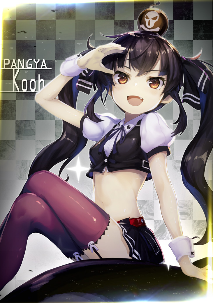 1girl :d arm_up bangs black_hair blush bomb breasts brown_eyes checkered checkered_background cropped_shirt cropped_vest eyebrows_visible_through_hair fang garter_straps kooh legs_crossed long_hair looking_at_viewer midriff miniskirt minutachi open_mouth pangya puffy_short_sleeves puffy_sleeves purple_legwear short_sleeves sitting skirt small_breasts smile solo thigh-highs twintails very_long_hair wrist_cuffs zettai_ryouiki