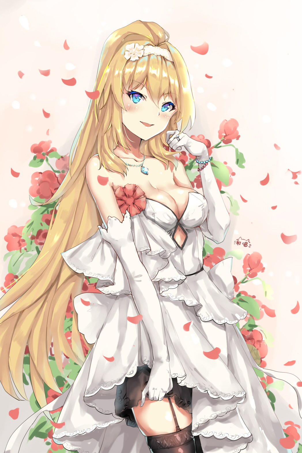 1girl bangs bare_shoulders black_legwear blonde_hair blue_eyes blush bracelet breasts character_request cleavage commentary_request dress elbow_gloves eyebrows_visible_through_hair flower garter_straps gloves hair_between_eyes hairband high_ponytail highres jewelry long_hair medium_breasts pearl_bracelet pendant ponytail red_flower ring signature solo strapless strapless_dress thigh-highs very_long_hair white_dress white_gloves white_hairband zhan_jian_shao_nyu zhudacaimiao