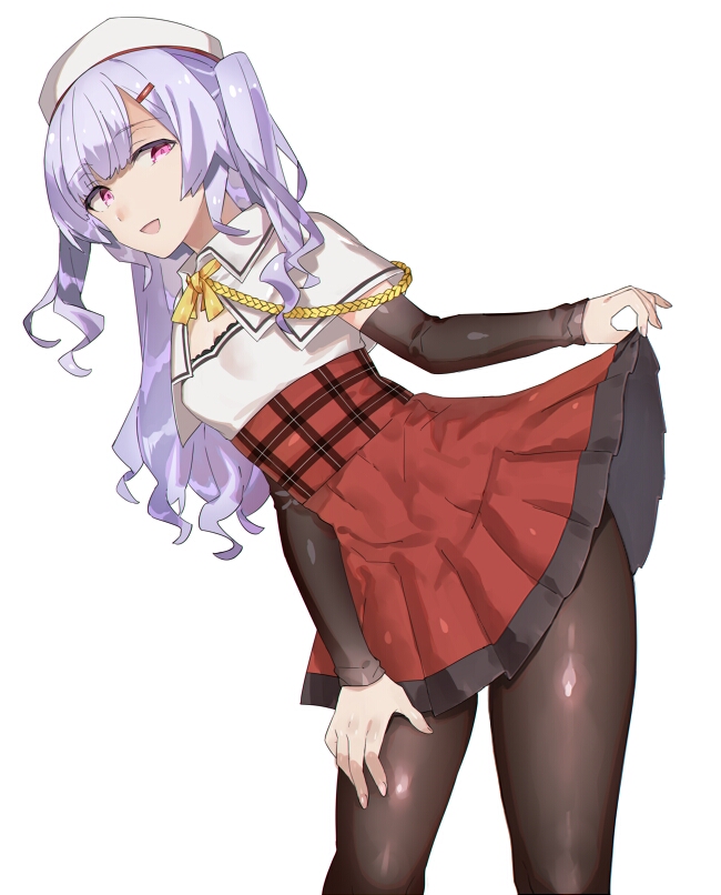 1girl :d aiguillette ajax_(azur_lane) arm_warmers azur_lane bangs beret black_legwear breasts capelet cleavage cowboy_shot eyebrows eyebrows_visible_through_hair facing_away fingernails hair_ornament hairclip hand_on_own_thigh hat high-waist_skirt leaning leaning_forward legs_apart lifted_by_self long_hair looking_away looking_to_the_side miniskirt open_mouth pantyhose pink_eyes pleated_skirt purple_hair red_skirt ribbon shirotae_moyashi shirt simple_background skirt skirt_lift small_breasts smile solo standing two_side_up white_background white_capelet white_hat white_shirt yellow_ribbon