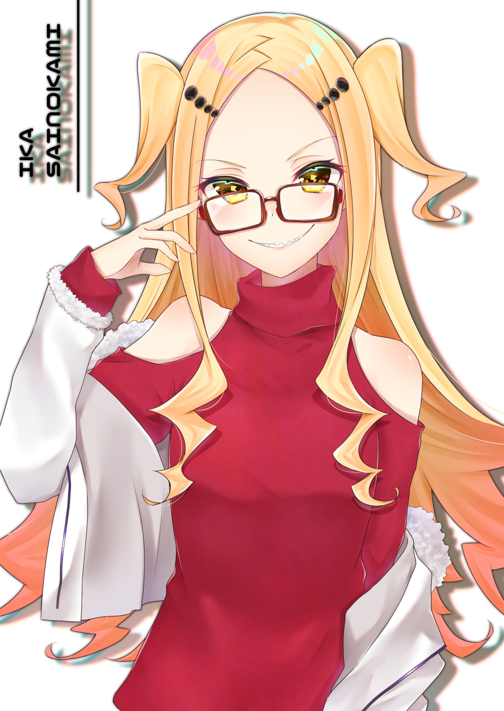 1girl bangs blonde_hair brown-framed_eyewear character_name commentary_request forehead fur-trimmed_jacket fur-trimmed_sleeves fur_trim glasses grin hair_ornament highres jacket lightning_bolt long_hair off_shoulder parted_bangs red_shirt ryuuou_no_oshigoto! sainokami_ika sharp_teeth shiarisu shirt shoulder_cutout smile solo symbol-shaped_pupils teeth two_side_up very_long_hair white_background white_jacket yellow_eyes