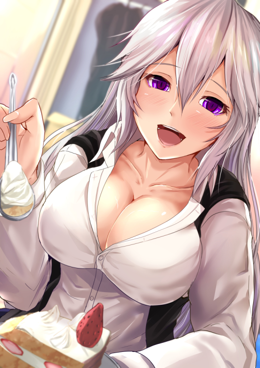 1girl bangs blurry blurry_background blush breasts cake cleavage collarbone dutch_angle eyebrows_visible_through_hair feeding fingernails food fruit hair_between_eyes highres holding indoors kanzaki_kureha large_breasts long_hair long_sleeves looking_at_viewer open_mouth original shirt sitting smile solo spoon strawberry teeth upper_body violet_eyes white_hair white_shirt window