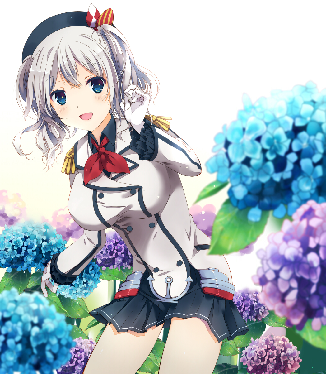 1girl :d amanatsu_yuzuka bangs beret blue_eyes breasts buttons collared_shirt epaulettes floral_background flower frilled_sleeves frills gloves grey_shirt hat highres hydrangea jacket kantai_collection kashima_(kantai_collection) kerchief large_breasts long_hair long_sleeves military military_jacket military_uniform miniskirt neckerchief open_mouth pleated_skirt red_neckwear shirt sidelocks silver_hair skirt smile solo tsurime twintails uniform upper_body wavy_hair white_gloves white_jacket