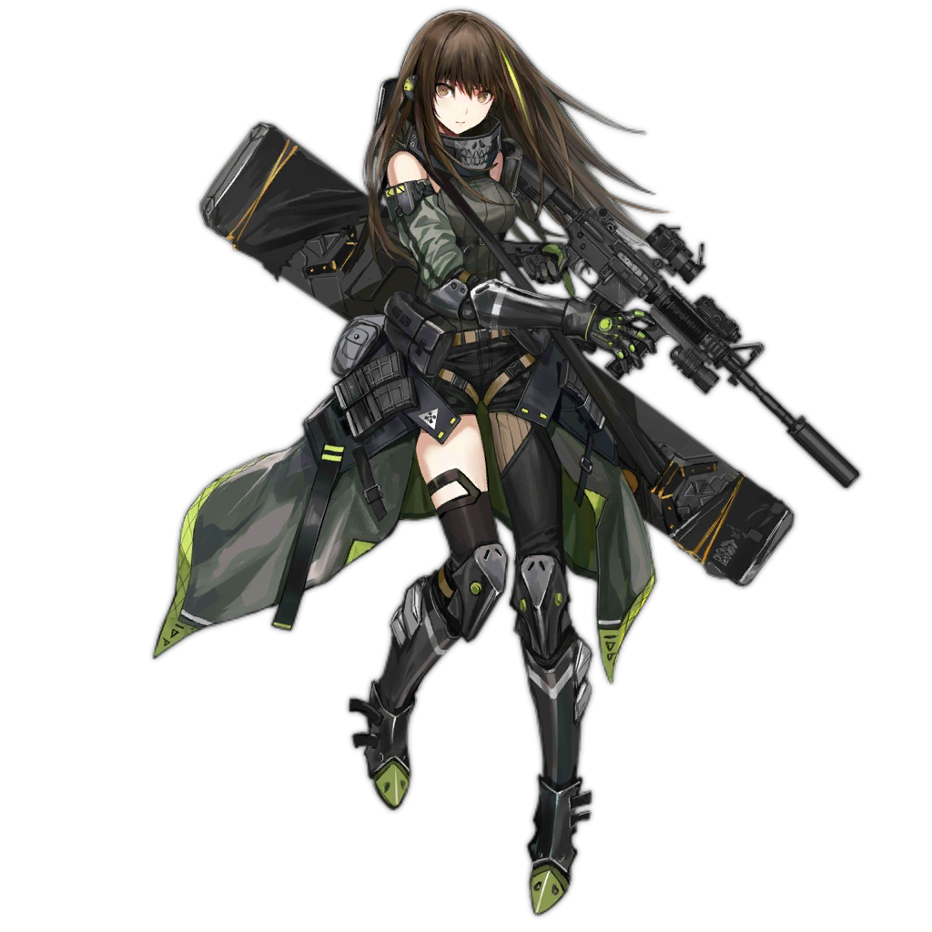 1girl android artist_request assault_rifle asymmetrical_legwear black_hair brown_eyes expressionless full_body girls_frontline gun gun_case left-handed looking_at_viewer m4_carbine m4a1_(girls_frontline) magazine_(weapon) mechanical_arm multicolored_hair official_art remodel_(girls_frontline) rifle scarf single_thighhigh streaked_hair suppressor thigh-highs transparent_background weapon