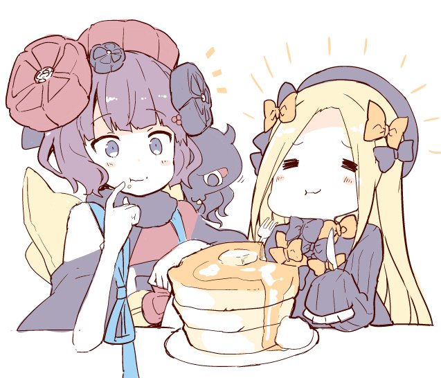 2girls :t =_= abigail_williams_(fate/grand_order) bangs black_bow black_dress black_hat blonde_hair blue_eyes bow butter closed_eyes closed_mouth commentary_request dress eating eyebrows_visible_through_hair fate/grand_order fate_(series) food food_on_face forehead fork hair_bow hair_ornament hat holding holding_fork holding_knife katsushika_hokusai_(fate/grand_order) knife long_hair long_sleeves multiple_girls nanateru orange_bow pancake parted_bangs plate purple_hair sleeves_past_fingers sleeves_past_wrists stack_of_pancakes syrup white_background