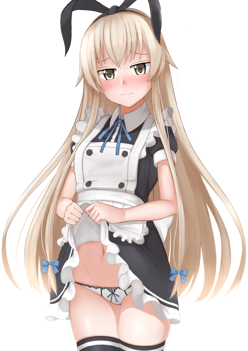 1girl alternate_costume apron bangs black_dress black_legwear black_ribbon blonde_hair blue_bow blue_neckwear blue_ribbon blush bow brown_eyes closed_mouth cowboy_shot dress dress_lift enmaided frilled_apron frilled_dress frills frown hair_bow hair_ribbon highres kantai_collection lifted_by_self long_hair looking_at_viewer maid navel neck_ribbon nose_blush panties puffy_short_sleeves puffy_sleeves raised_eyebrows ribbon shimakaze_(kantai_collection) short_sleeves sidelocks simple_background solo standing straight_hair thigh-highs tiemu_(man190) underwear upskirt very_long_hair white_apron white_background white_panties wing_collar