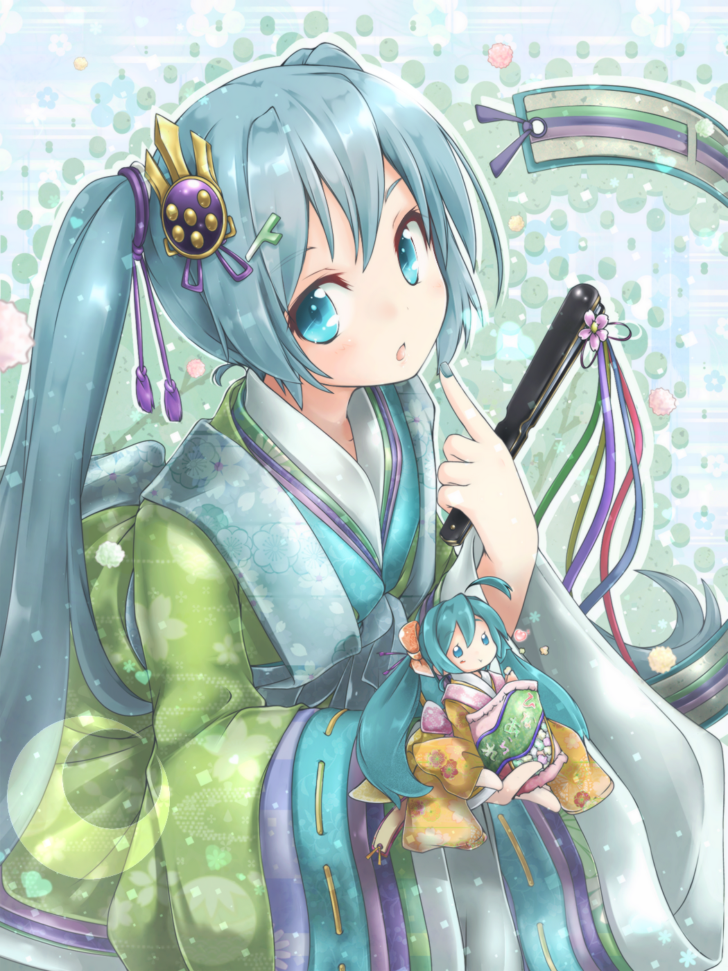 1girl akino_coto aqua_eyes aqua_hair character_doll closed_fan commentary_request fan folding_fan hair_ornament hatsune_miku highres holding holding_fan japanese_clothes kimono layered_clothing layered_kimono long_hair looking_at_viewer nail_polish open_mouth revision solo twintails vocaloid