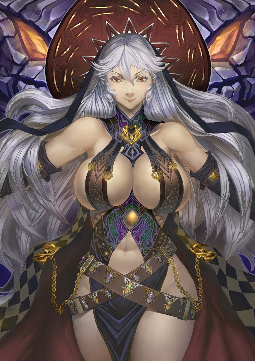 1girl bare_shoulders belt black_gloves breasts cape cleavage crossed_belts curvy detached_collar detached_sleeves elbow_gloves gloves granblue_fantasy hair_between_eyes hat highres large_breasts long_hair looking_at_viewer magisa_(granblue_fantasy) navel red_eyes revealing_clothes shimashima_(simasima_23) silver_hair sleeveless solo white_hair witch_hat