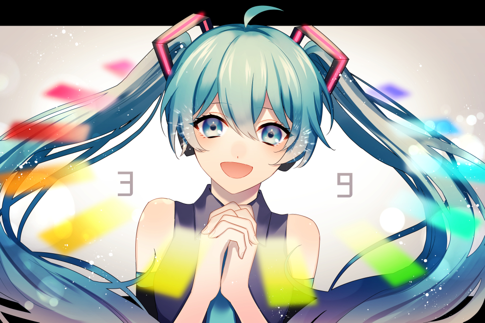 1girl 39 :d ahoge aqua_hair aqua_neckwear backlighting barefoot blue_eyes blush collared_shirt gradient gradient_background grey_background grey_shirt hands_clasped hatsune_miku headphones light_particles long_hair looking_at_viewer necktie open_mouth own_hands_together rainbow_order shiny shiny_hair shirt smile solo twintails umemiya618 upper_body very_long_hair vocaloid wing_collar