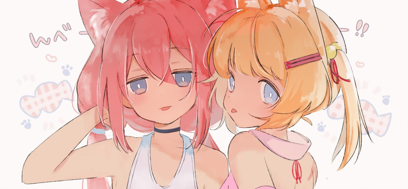 2girls :p animal_ears arm_behind_head arm_up armpits bell blonde_hair blue_eyes cat_ears choker close-up detached_sleeves face fox_ears hair_ornament hairclip hinata_channel jingle_bell kemomimi_vr_channel long_hair low_twintails mikoko_(kemomimi_vr_channel) multiple_girls nekomiya_hinata pink_hair pink_shirt shirt tongue tongue_out twintails upper_body vest virtual_youtuber white_vest