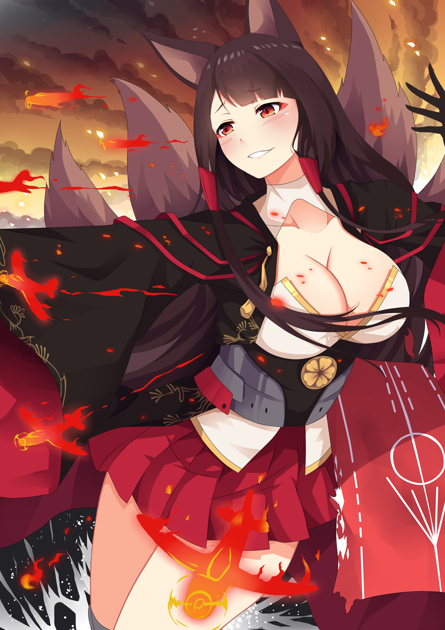 akagi_(azur_lane) animal_ears azur_lane bima_rahmaa black_hair breasts cleavage commentary_request eyeliner eyeshadow fox_ears fox_tail highres japanese_clothes large_breasts makeup miniskirt multiple_tails pleated_skirt red_eyes red_skirt skirt smile tail wide_sleeves