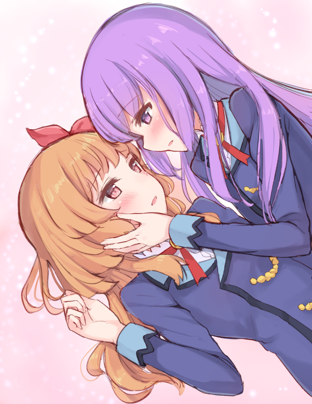2girls aikatsu! bangs blue_jacket blush eye_contact eyebrows_visible_through_hair girl_on_top hair_between_eyes hair_ribbon hand_on_another's_cheek hand_on_another's_face highres hikami_sumire jacket light_brown_hair long_hair long_sleeves looking_at_another lying makiaato multiple_girls on_back oozora_akari parted_lips profile purple_hair red_eyes red_ribbon ribbon school_uniform shirt starlight_academy_uniform very_long_hair violet_eyes white_shirt yuri