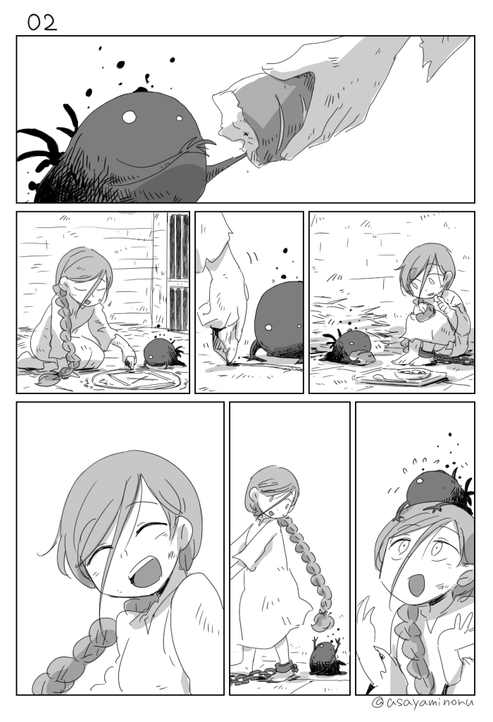 1girl asaya_minoru barefoot braid bread chains comic creature food greyscale in_cell long_hair majo_shuukai_de_aimashou monochrome original prison_cell silent_comic