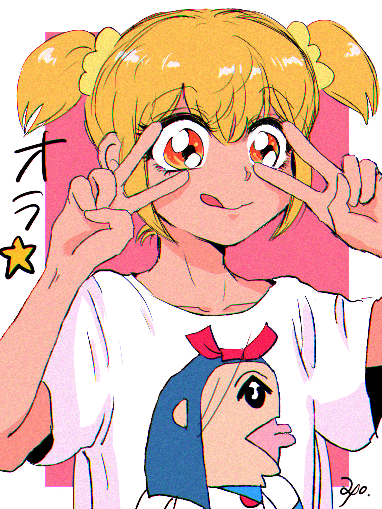 1girl :d blonde_hair blue_hair bobunemimimmi bow character_print collarbone commentary_request double_v hair_bow open_mouth orange_eyes pink_background pipimi poptepipic popuko profile school_uniform scrunchie serafuku shirt short_twintails signature smile snc_apo star tongue tongue_out twintails v v_over_eye white_shirt