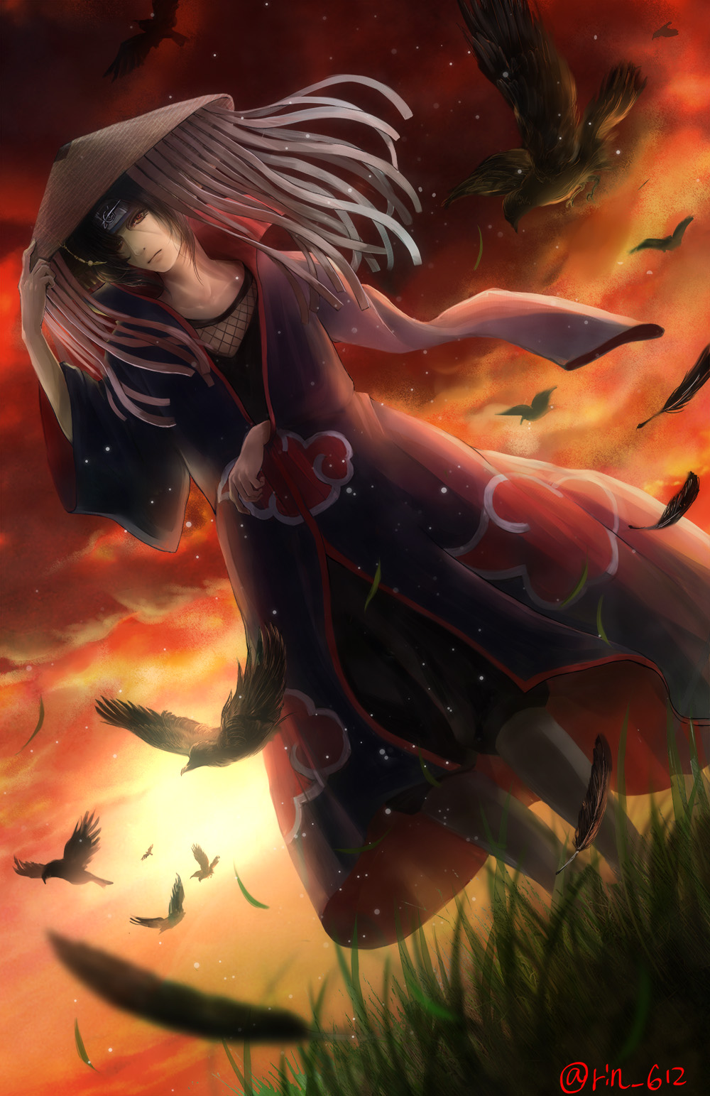 1boy akatsuki_(naruto) arm_up bird black_hair closed_mouth clouds cloudy_sky collarbone commentary commentary_request dutch_angle eyelashes flying forehead_protector grass hand_on_headwear hat headband highres konohagakure_symbol naruto red_eyes serious short_hair sidelocks signature sky solo standing sun twilight uchiha_itachi wariko wind
