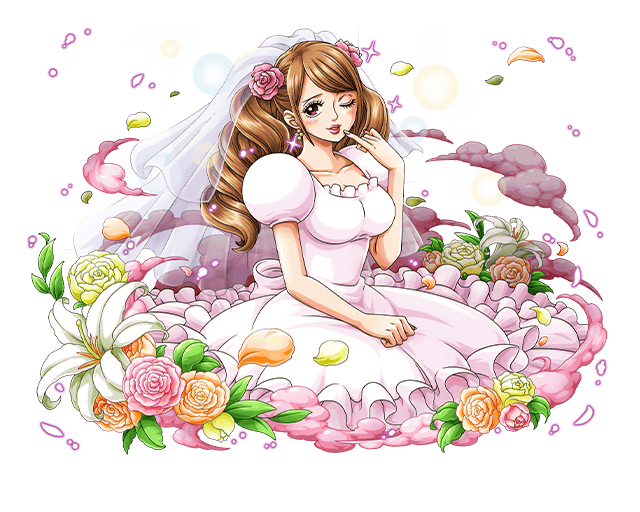 1girl blush bodskih breasts bridal_veil brown_eyes brown_hair charlotte_pudding cleavage dress earrings flower hair_flower hair_ornament jewelry leaf lipstick long_hair makeup official_art one_eye_closed one_piece open_mouth petals sitting solo sparkle transparent_background twintails veil wedding_dress
