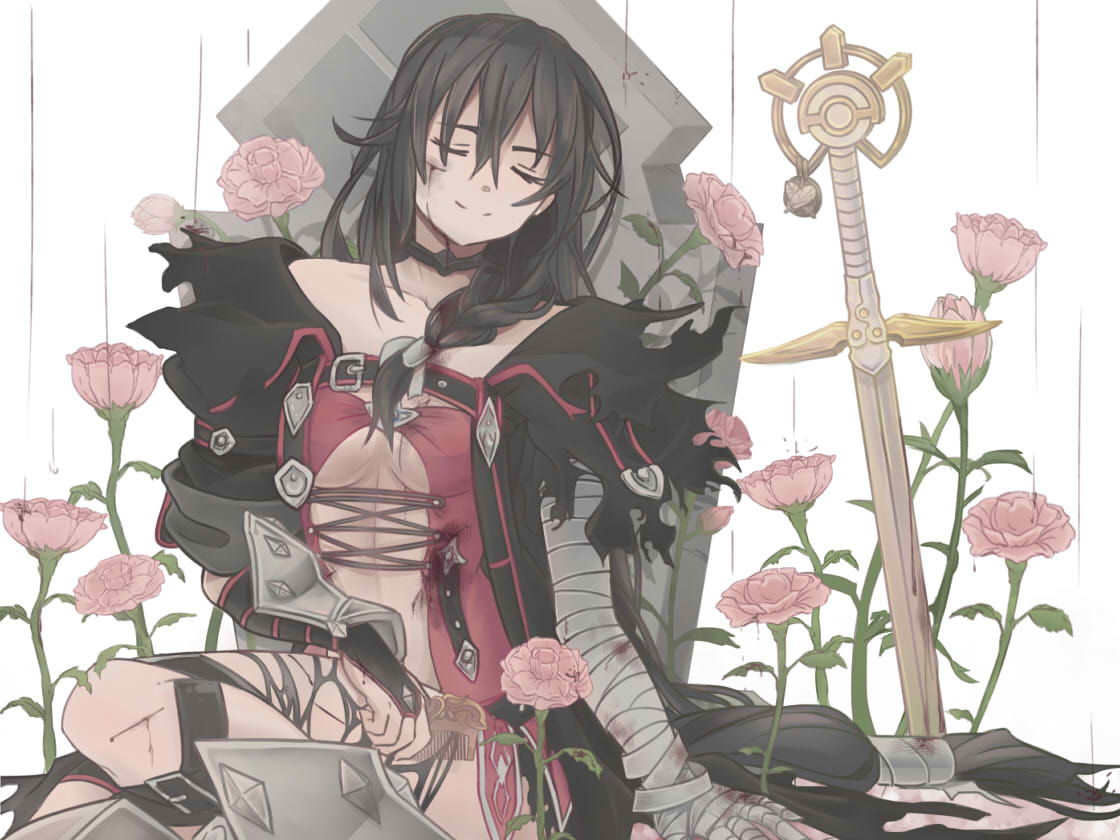 1girl bandage bandaged_arm black_choker black_hair breasts choker closed_eyes collarbone long_hair looking_at_viewer medium_breasts smile solo sword tales_of_(series) tales_of_berseria torn_clothes under_boob velvet_crowe weapon