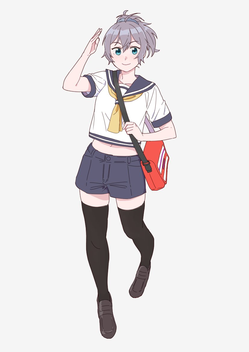 1girl aoba_(kantai_collection) bag black_legwear blue_eyes full_body grey_background grey_hair grey_sailor_collar grey_shorts kantai_collection loafers looking_at_viewer neckerchief ojipon ponytail sailor_collar school_uniform scrunchie serafuku shoes short_hair shorts simple_background smile solo thigh-highs yellow_neckwear