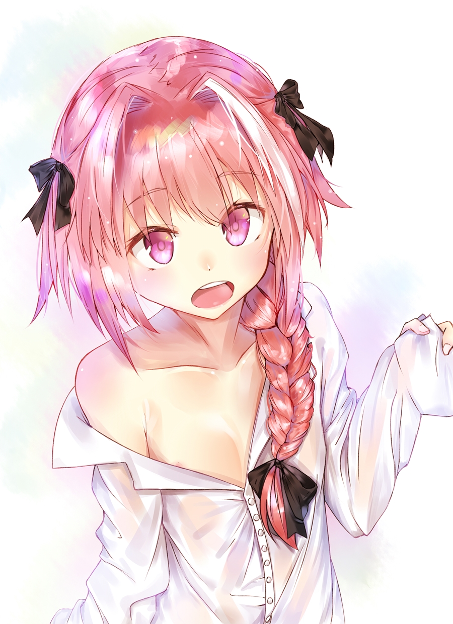 1boy :o astolfo_(fate) bangs black_bow bow braid buttons clothes_down collarbone collared_shirt commentary_request dot_nose dress_shirt eyebrows_visible_through_hair fate/apocrypha fate_(series) from_above hair_intakes hair_over_shoulder hand_up highres long_hair long_sleeves looking_at_viewer looking_up male_focus multicolored_hair open_mouth oversized_clothes oversized_shirt pink_hair raised_eyebrows shirt simple_background single_braid sleeves_past_wrists solo streaked_hair trap two-tone_hair upper_body violet_eyes white_background white_hair white_shirt wing_collar yuneru_(haryun995)