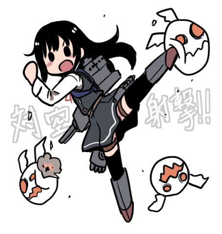 &gt;:o 1girl asashio_(kantai_collection) background_text black_hair cannon commentary_request enemy_aircraft_(kantai_collection) kantai_collection kicking long_hair long_sleeves lowres orange_eyes remodel_(kantai_collection) rigging solid_circle_eyes terrajin thigh-highs white_background