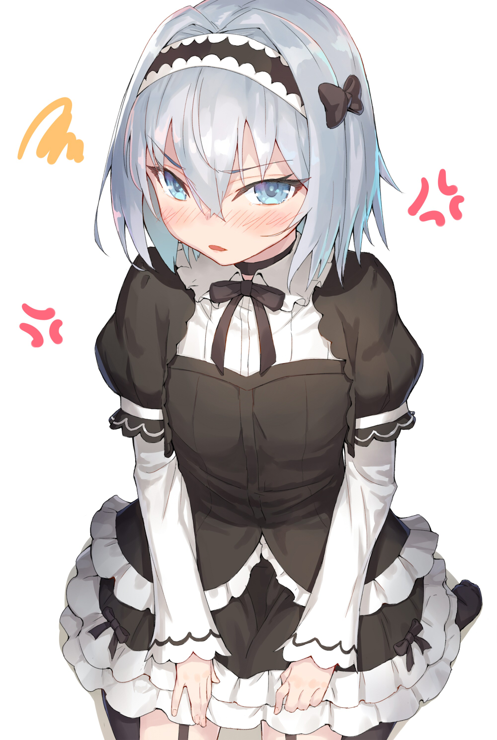 1girl anger_vein bangs black_bow black_dress black_legwear blue_eyes blush bow commentary_request dress eyebrows_visible_through_hair fingernails garter_straps hair_between_eyes hair_bow hairband highres jonsun long_sleeves looking_at_viewer no_shoes nose_blush parted_lips puffy_short_sleeves puffy_sleeves ryuuou_no_oshigoto! short_over_long_sleeves short_sleeves silver_hair sitting sleeves_past_wrists solo sora_ginko squiggle thigh-highs wariza white_background