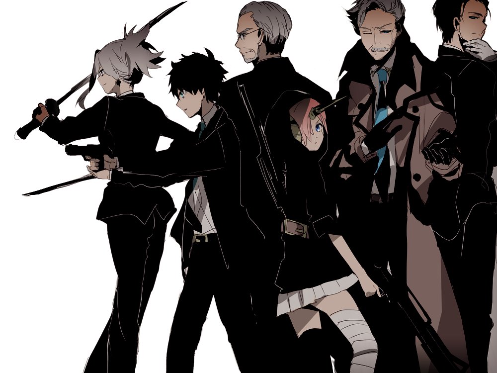 fate/grand_order fate_(series) frankenstein's_monster_(fate) fujimaru_ritsuka_(male) glasses gun hiiragi_fuyuki holding holding_sword holding_weapon james_moriarty_(fate/grand_order) miyamoto_musashi_(fate/grand_order) sherlock_holmes_(fate/grand_order) skirt suits sword weapon yagyuu_munenori_(fate/grand_order)